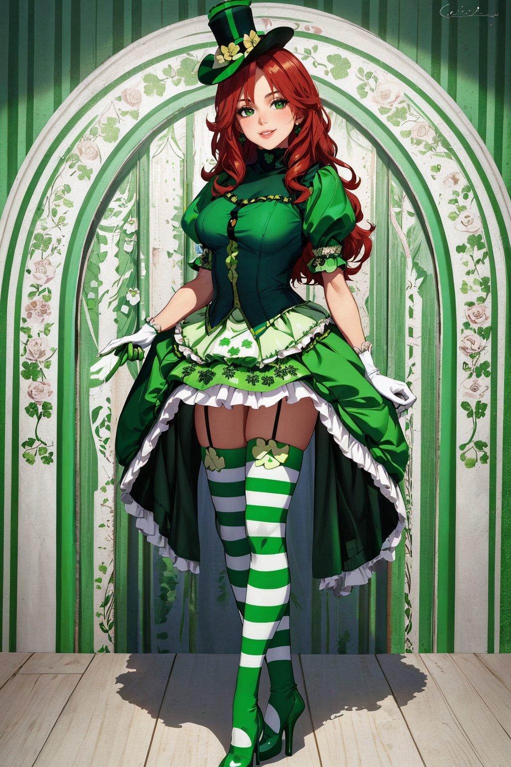 ((masterpiece,best quality,edgQuality)),(smile),1girl,solo,standing,posing,edgShamrock,green dress, long hair,  skirt, thighhighs, gloves, hat, turtleneck,edgASA1,  red hair, boots, shoes,striped, puffy sleeves, high heels, green striped thighhighs, top hat, clover print, green footwear , wearing edgShamrock<lora:edgShamrock:1>