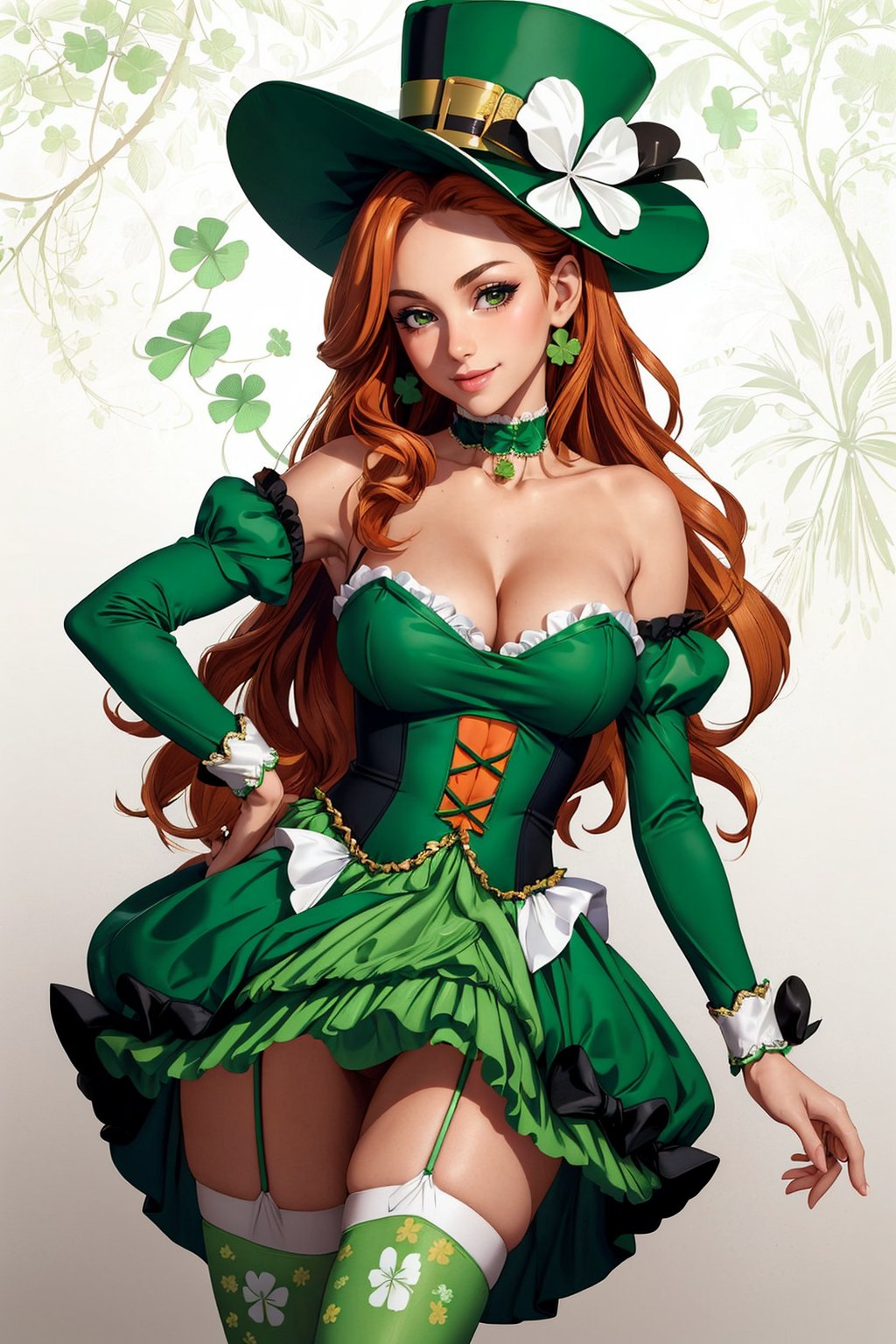 ((masterpiece,best quality,edgQuality)),(smile),1girl,solo,standing,posing,edgShamrock,green dress, long hair, breasts, thighhighs, hat, cleavage, bare shoulders, detached sleeves, choker, orange hair, high heels, minigirl, top hat, clover print, wearing edgShamrock <lora:edgShamrock:1>