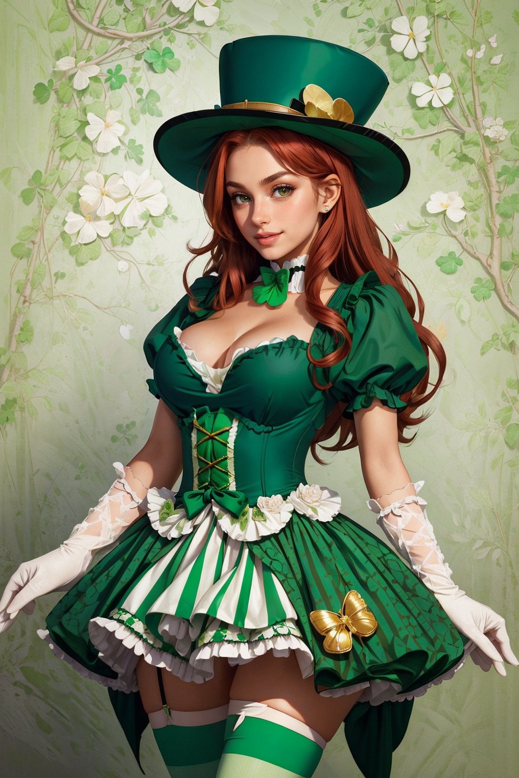 ((masterpiece,best quality,edgQuality)),(smile),1girl,solo,standing,posing,edgShamrock,green dress, long hair, breasts, skirt, thighhighs, gloves, hat, cleavage, medium breasts,  red hair, boots, shoes,striped, puffy sleeves, high heels, striped thighhighs, top hat, clover print, green footwear , wearing edgShamrock <lora:edgShamrock:1>