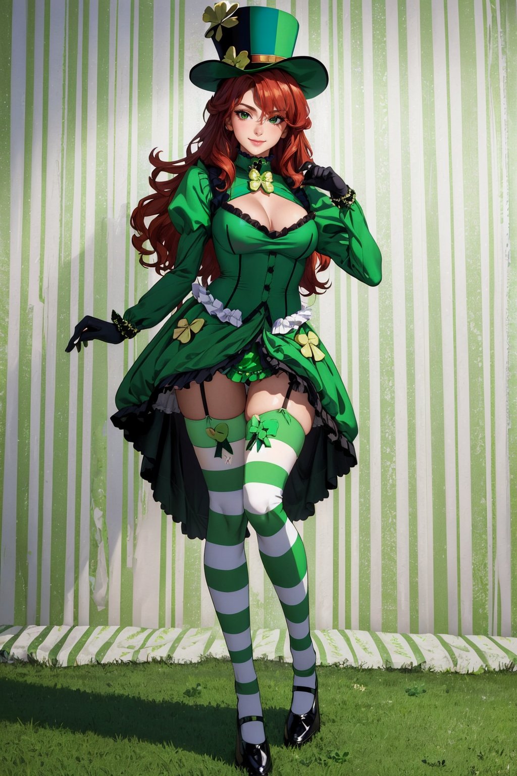 ((masterpiece,best quality,edgQuality)),(smile),1girl,solo,standing,posing,edgShamrock,green dress, long hair,  skirt, thighhighs, gloves, hat, turtleneck,edgASA1,  red hair, boots, shoes,striped, puffy sleeves, high heels, green striped thighhighs, top hat, clover print, green footwear , wearing edgShamrock<lora:edgShamrock:1>