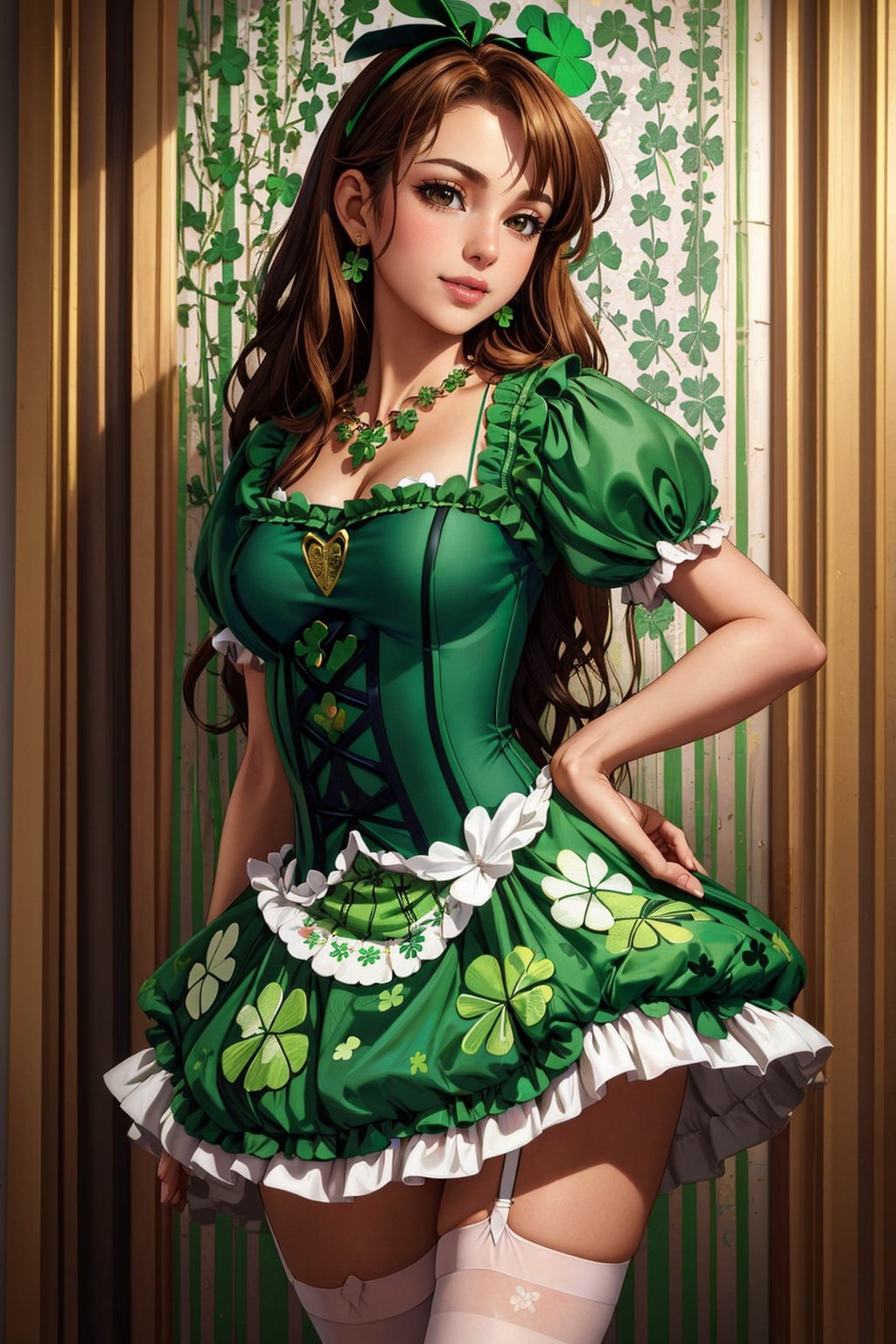 ((masterpiece,best quality,edgQuality)),(smile),1girl,solo,standing,posing,edgShamrock,green dress, brown hair, thighhighs, brown eyes, jewelry, standing, flower, short sleeves, parted lips, shorts, necklace, white thighhighs, lips, garter straps, realistic, green stripes,(clover print), wearing edgShamrock <lora:edgShamrock:1>