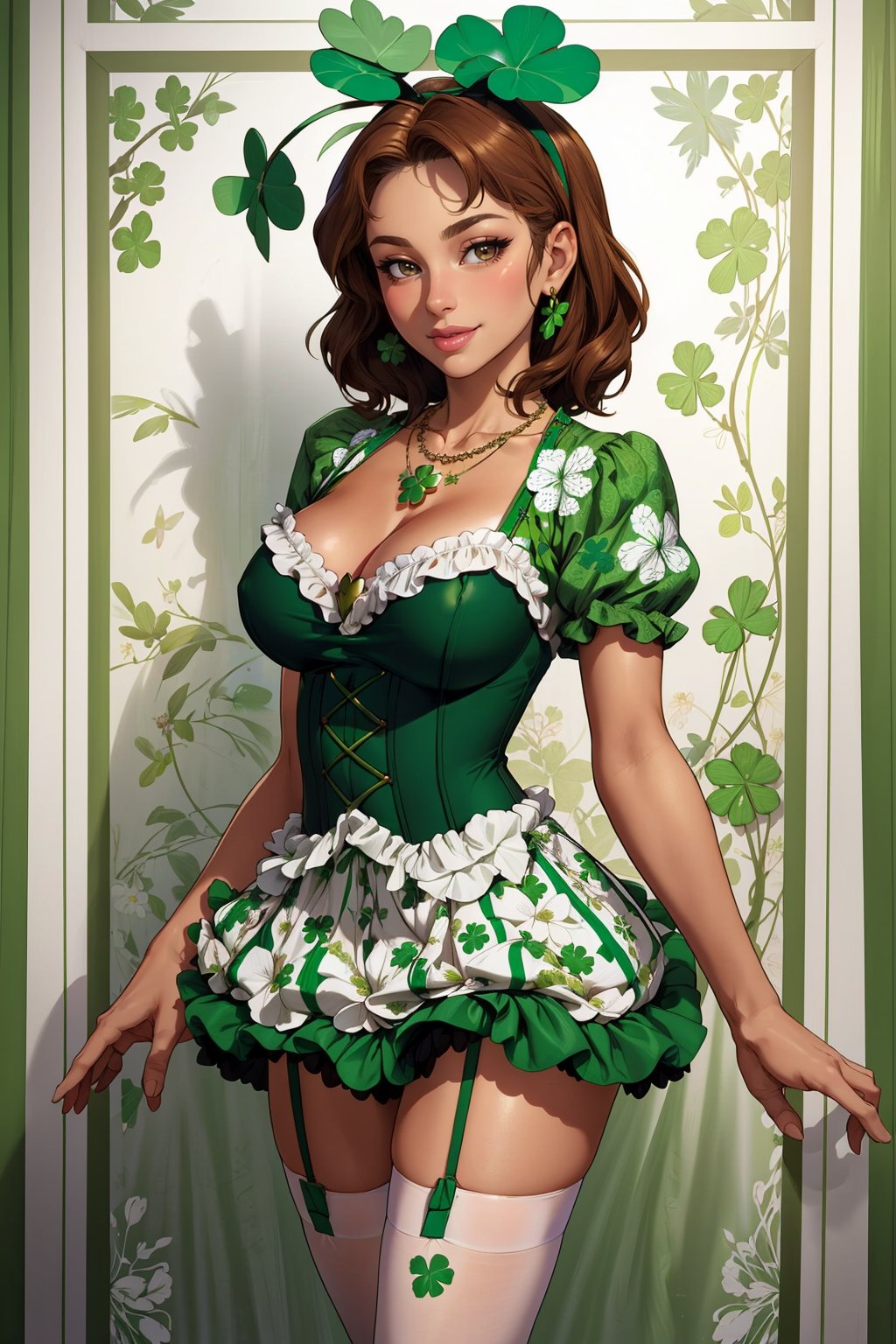 ((masterpiece,best quality,edgQuality)),(smile),1girl,solo,standing,posing,edgShamrock,green dress, brown hair, thighhighs, brown eyes, jewelry, standing, flower, short sleeves, parted lips, shorts, necklace, white thighhighs, lips, garter straps, realistic, green stripes,(clover print), wearing edgShamrock <lora:edgShamrock:1>