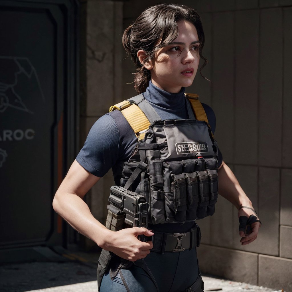 Full format movie still of Sasha Calle as a rainbow six seige character, detailed tactical gear, tactical vest, tactical belt, ,tacticalgear,Future Tactical Gear,sasha calle