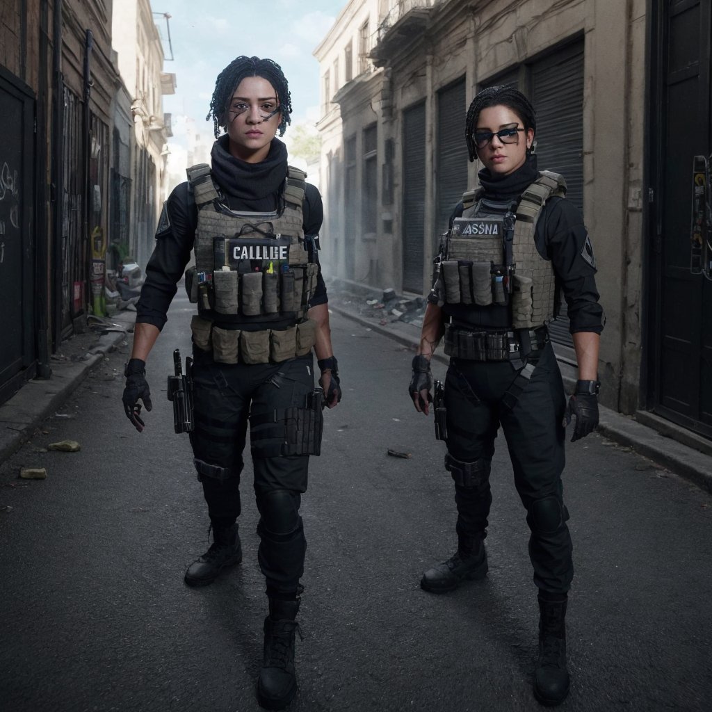 Full format movie still of (((Sasha Calle))) as a rainbow six seige character, detailed tactical gear, tactical vest, tactical belt, ,tacticalgear,Future Tactical Gear,sasha calle,mara (call of duty),urban techwear,photorealistic