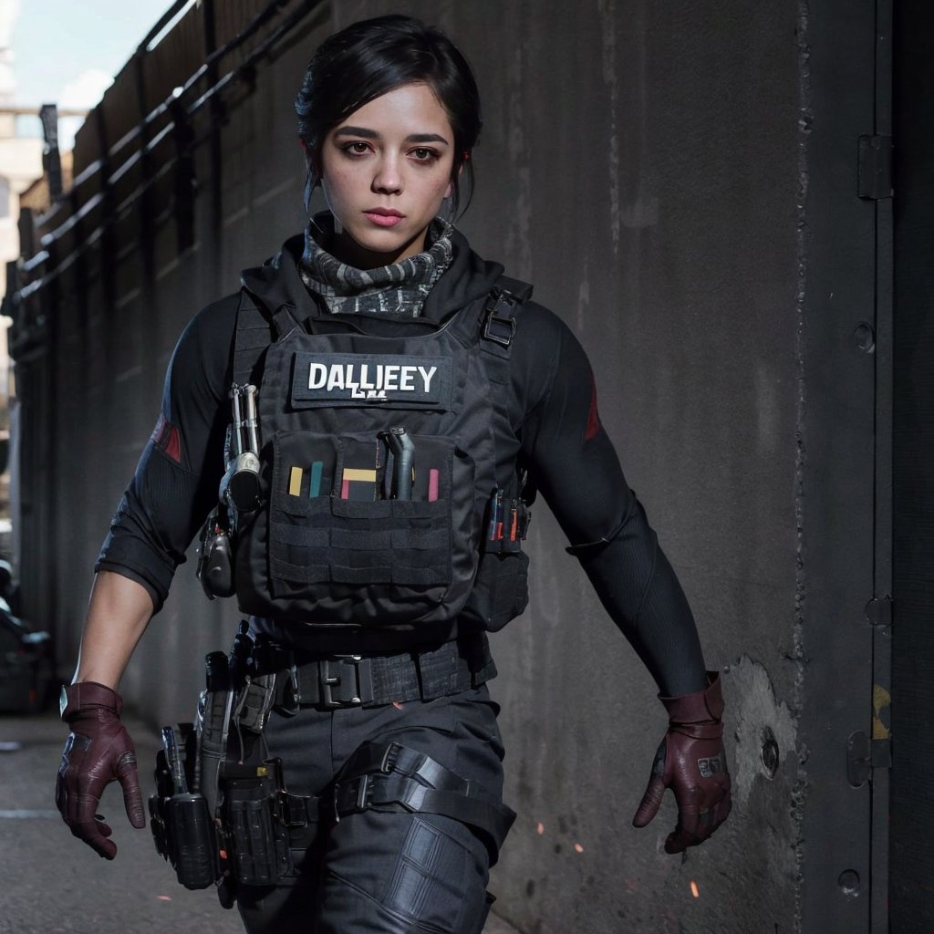 Full format movie still of (((Sasha Calle))) as a rainbow six seige character, detailed tactical gear, tactical vest, tactical belt, ,tacticalgear,Future Tactical Gear,sasha calle,mara (call of duty)