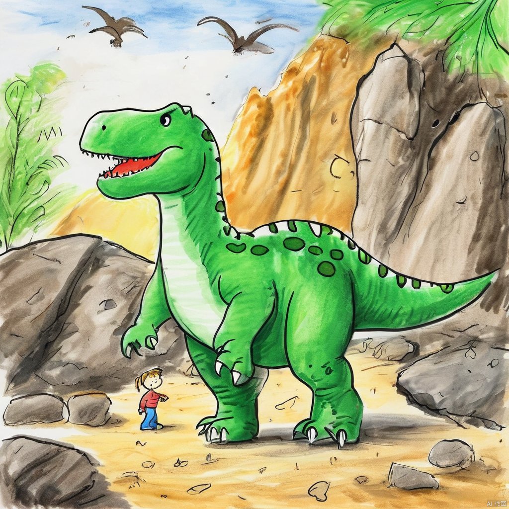 children-drawing, cartoon dinosaur, t-rex, similar species, standing, foreground, outdoor scene, looking, off screen, rocks, scattered, dinosaur’s feet, teddy bear, nearby, drawing, scene, smaller figure, right side, image, purpose unclear