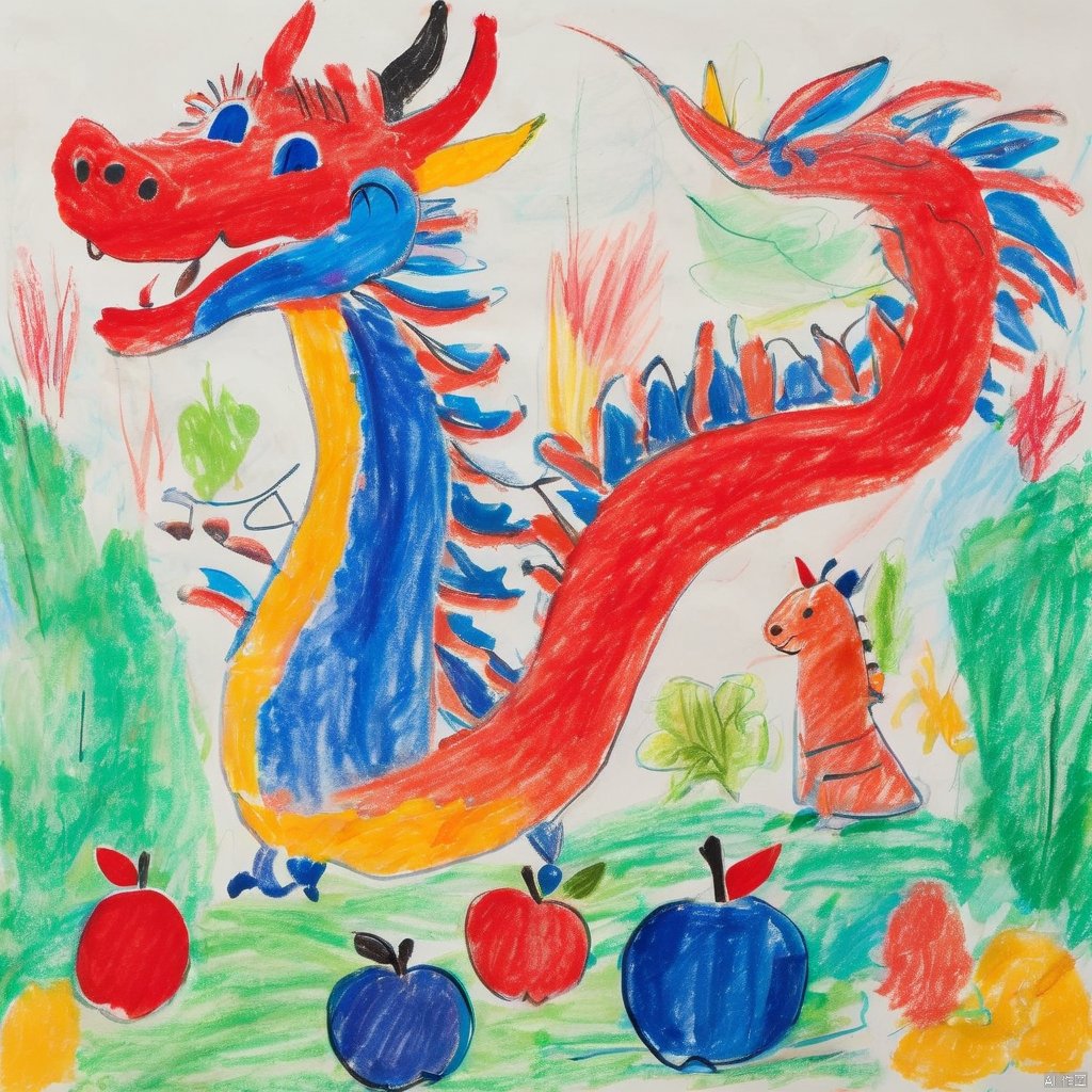 children-drawing, large, colorful dragon, red, blue colors, painted, drawn on paper, artistic appearance, depicted, various positions, head lifted up, looking, something above, viewer’s line of sight, standing upright, holding onto, objects, resemble apples, vibrant drawing, captures, essence, mythical creature, intricate details, striking hues, children-drawing