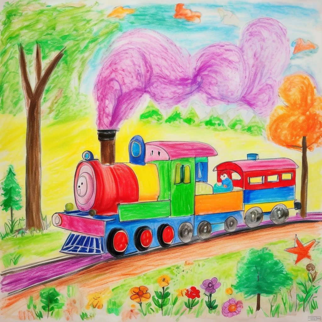  children-drawing, colorful drawing, old-fashioned train, tracks, large train, red engine, cars, trees, overall scenery, unique design, multiple wheels, creative artwork, classic steam locomotive, vibrant colors, stand out