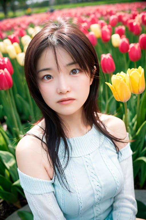 portrait, upper body, realistic photo of a woman,
"Tulips of every conceivable color bloom in orderly rows, forming a vivid rainbow that brightens the spring landscape."