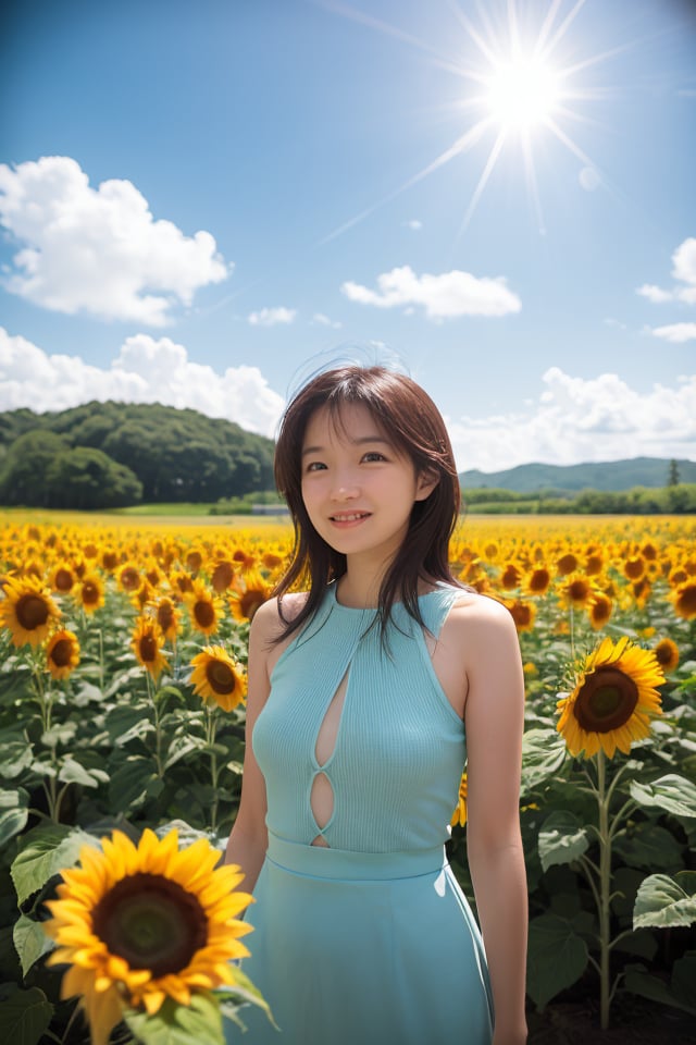 portrait, upper body, realistic photo of a woman,
"A sea of sunflowers stands tall, their bright yellow faces turning towards the sun, creating a golden canvas under the azure sky."