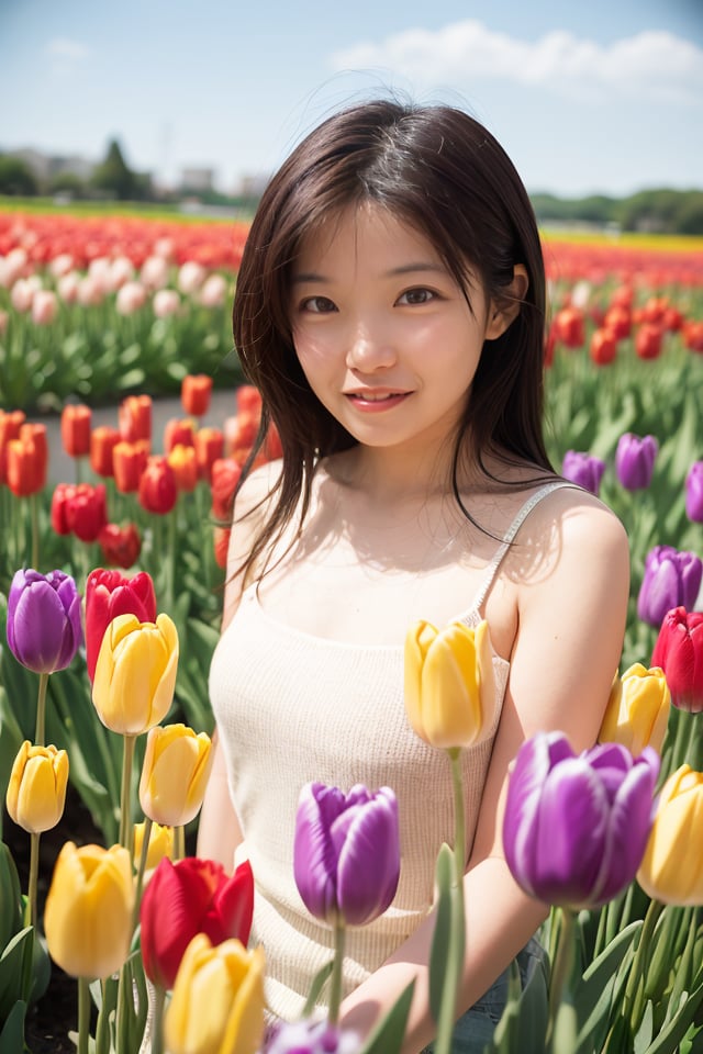 portrait, upper body, realistic photo of a woman,
"Tulips of every conceivable color bloom in orderly rows, forming a vivid rainbow that brightens the spring landscape."