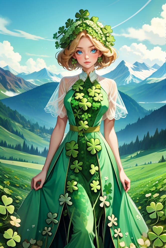 woman, standing, looking at viewer, mountains, wearing  HUD_shmrck,  made of delicate shamrock leaves intricately woven together, <lora:HUD_shmrck-08:0.75>, creating a whimsical and ethereal look, highly detailed