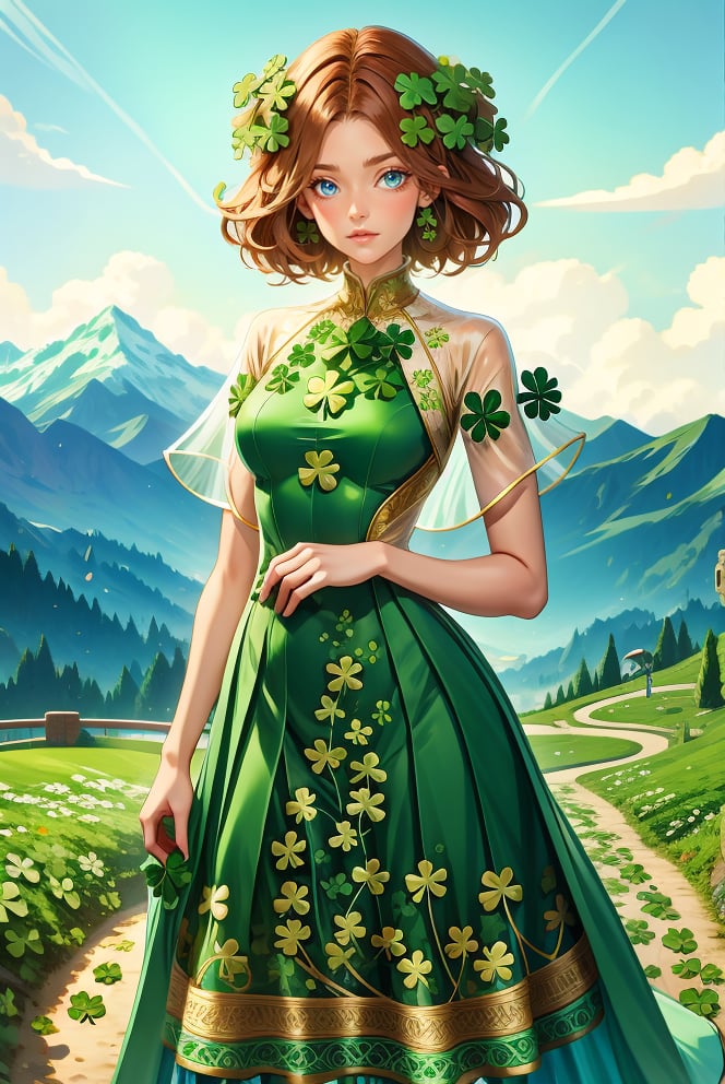 woman, standing, looking at viewer, mountains, wearing  HUD_shmrck,  made of delicate shamrock leaves intricately woven together, <lora:HUD_shmrck-08:0.75>, creating a whimsical and ethereal look, highly detailed