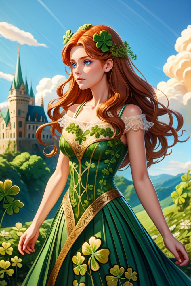 woman with long ginger hair, standing outside of ,  HUD_shmrck, a castle made of delicate shamrock leaves intricately woven together,  <lora:HUD_shmrck-08:0.5>, creating a whimsical and ethereal look, highly detailed, digital painting, artstation, concept art, smooth, sharp focus, illustration, shot with a 50mm lens, f/2. 8, HDR, (8k), (movie lighting) (dramatic lighting), (sharp focus)