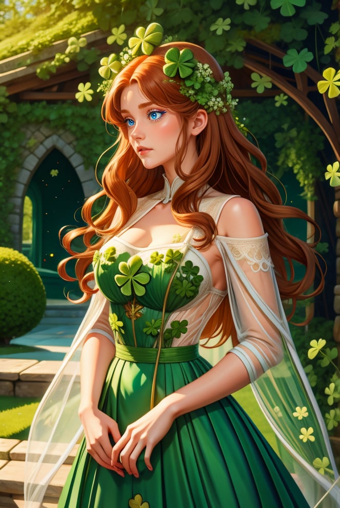 woman with long ginger hair, standing outside of ,  HUD_shmrck, a castle made of delicate shamrock leaves intricately woven together,  <lora:HUD_shmrck-08:0.5>, creating a whimsical and ethereal look, highly detailed, digital painting, artstation, concept art, smooth, sharp focus, illustration, shot with a 50mm lens, f/2. 8, HDR, (8k), (movie lighting) (dramatic lighting), (sharp focus)