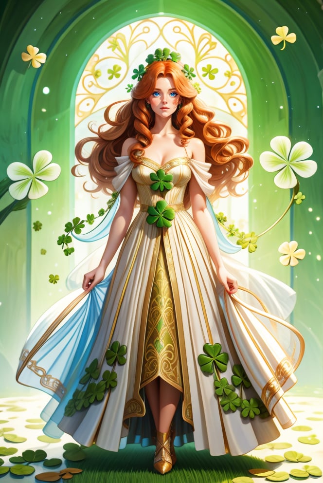 woman with long ginger hair, standing outside of ,  HUD_shmrck, a castle made of delicate shamrock leaves intricately woven together,  <lora:HUD_shmrck-08:0.5>, creating a whimsical and ethereal look, highly detailed, digital painting, artstation, concept art, smooth, sharp focus, illustration, shot with a 50mm lens, f/2. 8, HDR, (8k), (movie lighting) (dramatic lighting), (sharp focus)