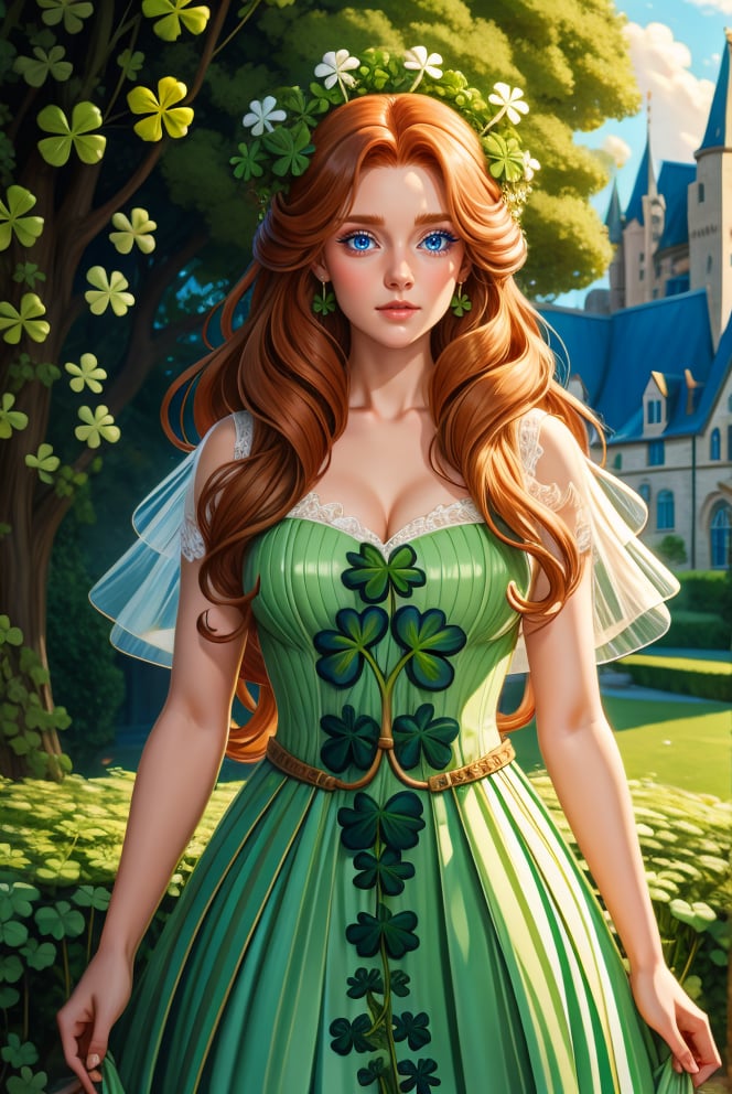 woman with long ginger hair, standing outside of ,  HUD_shmrck, a castle made of delicate shamrock leaves intricately woven together,  <lora:HUD_shmrck-08:0.5>, creating a whimsical and ethereal look, highly detailed, digital painting, artstation, concept art, smooth, sharp focus, illustration, shot with a 50mm lens, f/2. 8, HDR, (8k), (movie lighting) (dramatic lighting), (sharp focus)