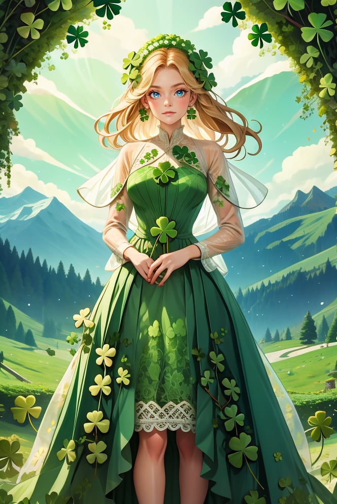 woman, standing, looking at viewer, mountains, wearing  HUD_shmrck,  made of delicate shamrock leaves intricately woven together, <lora:HUD_shmrck-08:0.75>, creating a whimsical and ethereal look, highly detailed