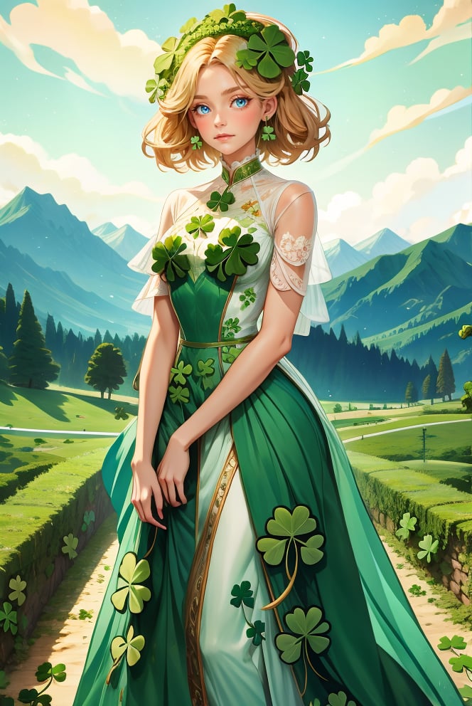 woman, standing, looking at viewer, mountains, wearing  HUD_shmrck,  made of delicate shamrock leaves intricately woven together, <lora:HUD_shmrck-08:0.75>, creating a whimsical and ethereal look, highly detailed