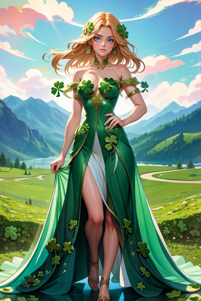 woman, standing, looking at viewer, mountains, wearing  HUD_shmrck,  made of delicate shamrock leaves intricately woven together, <lora:HUD_shmrck-08:0.75>, creating a whimsical and ethereal look, highly detailed, digital painting, artstation, concept art, smooth, sharp focus, illustration, shot with a 50mm lens, f/2. 8, HDR, (8k), (movie lighting) (dramatic lighting), (sharp focus)