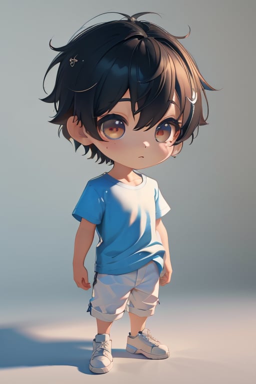 ccip,1boy,big eyes,short hair,chibi,blue T-shirt,white pants,coconut,3D,C4D,oc rendering,ray tracing,(best quality),((masterpiece)),(an extremely delicate and beautiful),original,extremely detailed wallpaper,