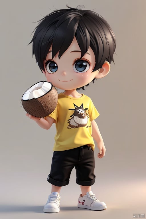 ccip,1boy,big eyes,short hair,chibi,yellow T-shirt,white pants,black shoes,coconut,coconut in his hand,3D,C4D,oc rendering,ray tracing,(best quality),((masterpiece)),(an extremely delicate and beautiful),original,extremely detailed wallpaper,