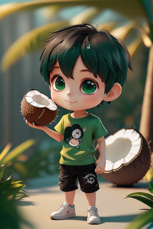 ccip,1boy,big eyes,short hair,chibi,green T-shirt,white pants,black shoes,coconut,coconut in his hand,3D,C4D,oc rendering,ray tracing,(best quality),((masterpiece)),(an extremely delicate and beautiful),original,extremely detailed wallpaper,