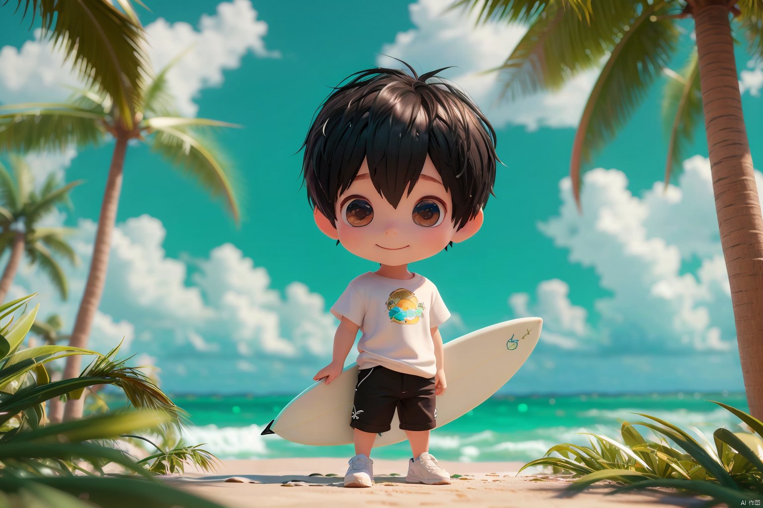  ccip,1boy,surfing on the ocean,big eyes,big nose,short hair,chibi,white T-shirt,white pants,black shoes,coconut tree,grass,blue sky,3D,C4D,oc rendering,ray tracing,(best quality),((masterpiece)),(an extremely delicate and beautiful),original,extremely detailed wallpaper,