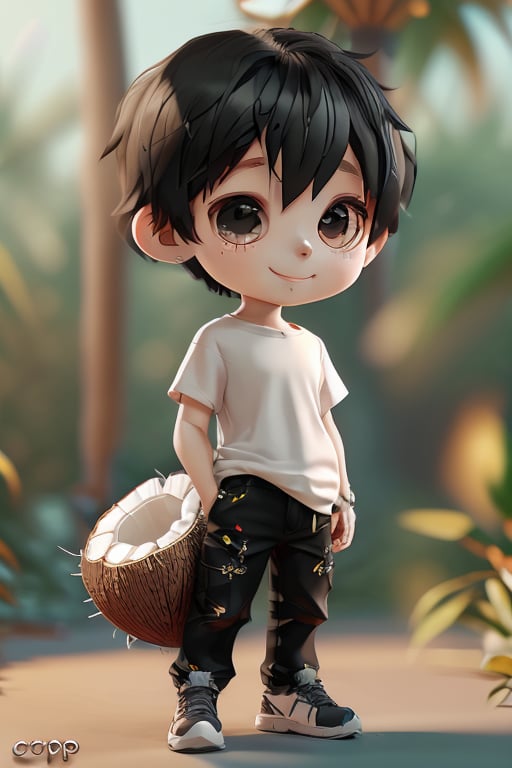 ccip,1boy,big eyes,short hair,chibi,white T-shirt,black pants,coconut,3D,C4D,oc rendering,ray tracing,(best quality),((masterpiece)),(an extremely delicate and beautiful),original,extremely detailed wallpaper,