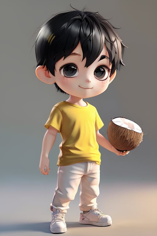 ccip,1boy,big eyes,short hair,chibi,yellow T-shirt,white pants,black shoes,coconut,coconut in his hand,3D,C4D,oc rendering,ray tracing,(best quality),((masterpiece)),(an extremely delicate and beautiful),original,extremely detailed wallpaper,