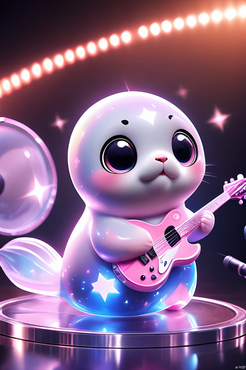 A cute seal with big pious eyes, a pink translucent PVC body, a guitar on its back, a stage, a drum kit, a microphone, and a starry sky<lora:EMS-314243-EMS:0.420000>