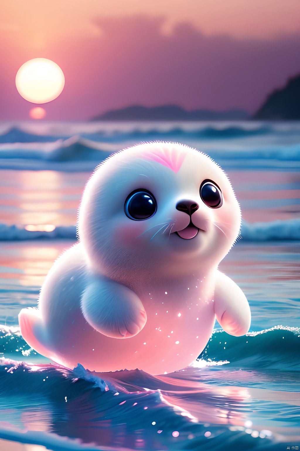 Adorable baby pink seals on the beach, with a translucent body with a pale pink circle around their body, (with many small colorful garlands on their heads), dancing merrily under the coconut trees.Background is sunset, sea, waves, coconut trees<lora:EMS-314243-EMS:0.300000>