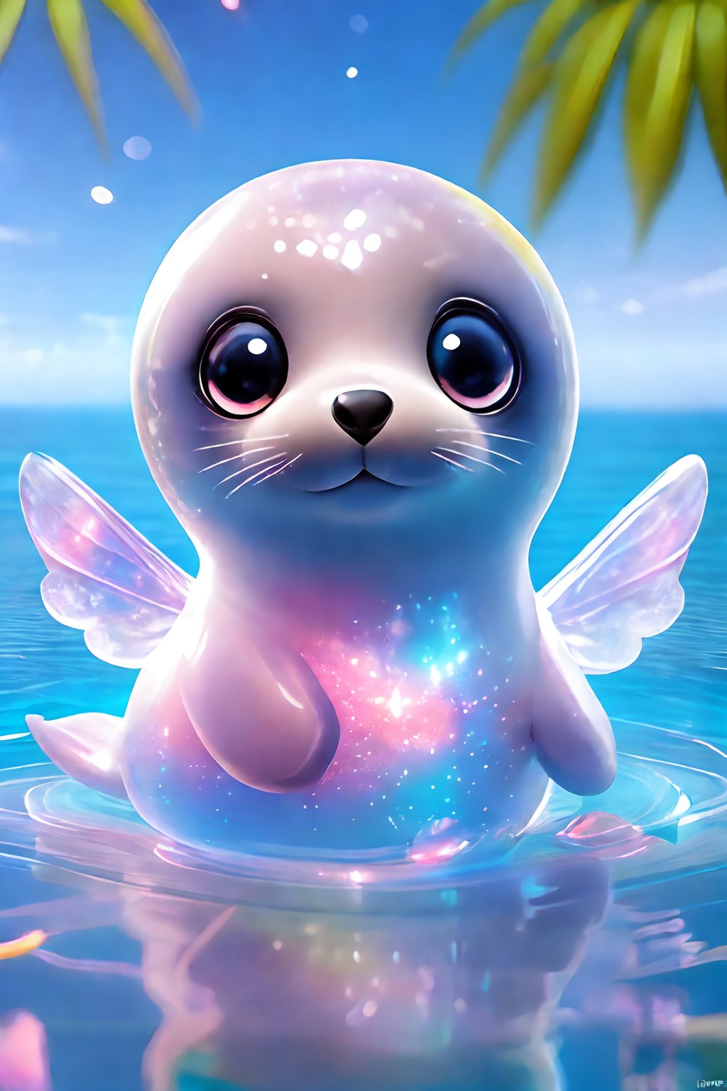 An adorable image of a seal with large, godly eyes, a pink body, and transparent wings. Swimming freely in the blue sea, surrounded by colorful corals and a variety of marine life. The sun shines through the sea water and spreads on the dolphins, creating beautiful light and shadows.