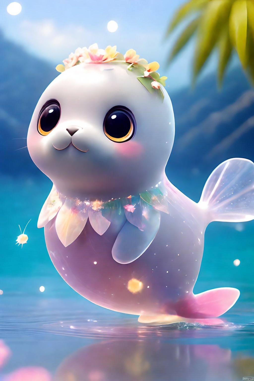 Cute, ((a seal)), dressed in a Sanya-style grass skirt, wearing a wreath of many small flowers, dancing under a coconut tree