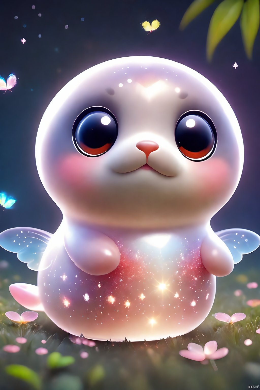 A cute baby seal, translucent body, starry sky, (many butterflies), flowers, grass, tropical forest