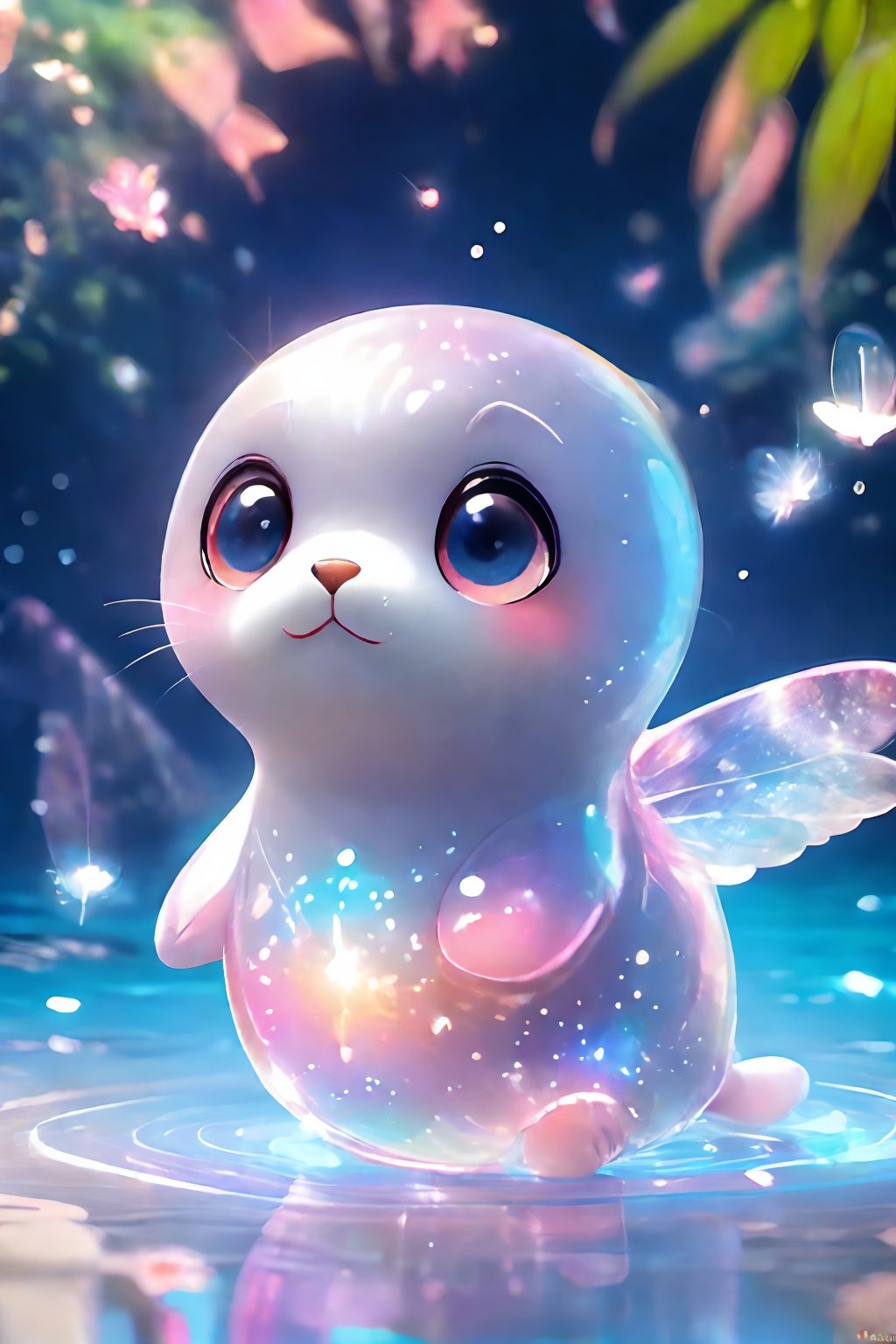 An adorable image of a seal with large, godly eyes, a pink body, and transparent wings. Swimming freely in the blue sea, surrounded by colorful corals and a variety of marine life. The sun shines through the sea water and spreads on the dolphins, creating beautiful light and shadows.