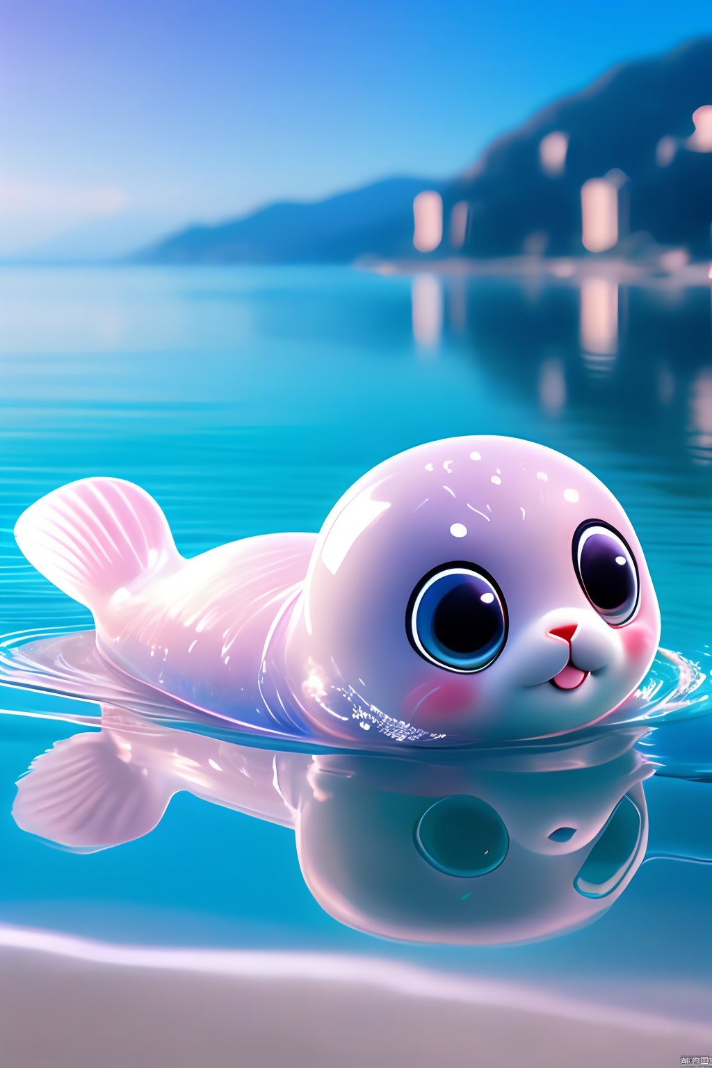 A cute seal, it has a pair of pious big eyes, pink translucent PVC body, cute translucent tail, floating in the air, holding a microphone, carrying a guitar, spotlights, festival lights, Sanya landscape, beach, sea, waves, starry sky<lora:EMS-314243-EMS:0.500000>