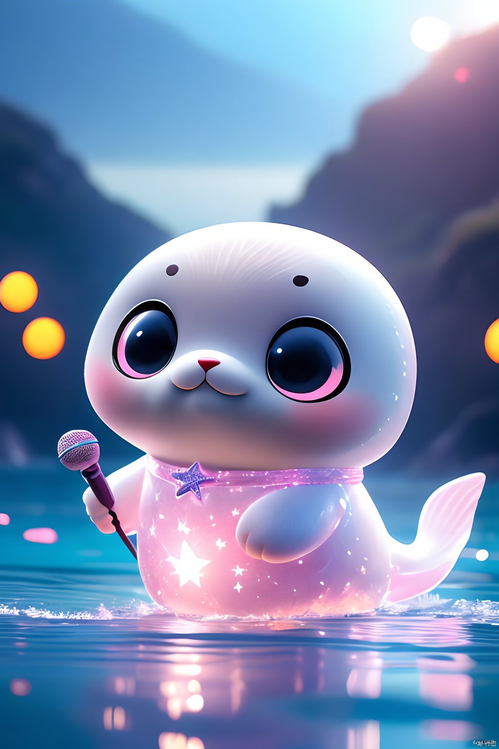 A cute seal, it has a pair of pious big eyes, pink translucent PVC body, cute translucent tail, floating in the air, (（holding a microphone)）, （(carrying a guitar)）, spotlights, music festival lights, Sanya scenery, beach, sea, waves, starry sky<lora:EMS-314243-EMS:0.380000>