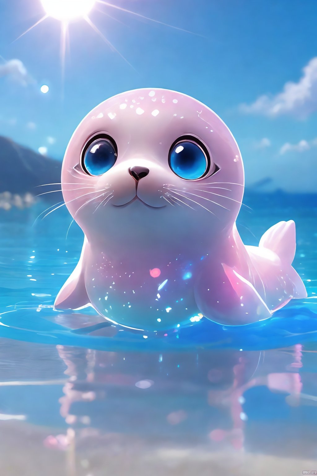 A cute seal, it has a pair of big pious eyes, a pink translucent PVC body, a cute translucent tail, cute, chubby in the warm sun, is playing beach soccer. The blue sky and white clouds in the distance reflect the vastness of the sea, and the sea and sky are the same color, which makes people feel refreshed and relaxed. The sun shines on the seals, and sweat glistens in the sun