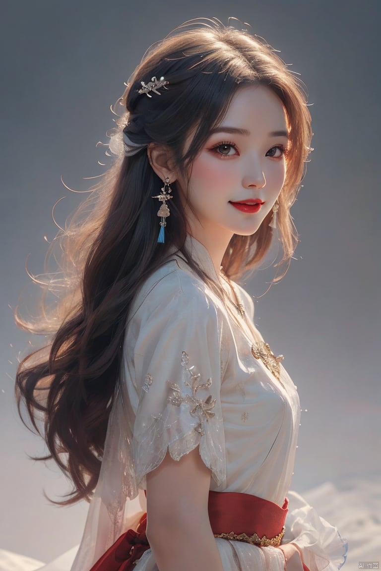  1girl, solo, long hair, looking at viewer, smile, simple background, black hair, hair ornament, white background, jewelry, closed mouth, upper body, earrings, makeup, chinese clothes, red lips, tassel earrings, hanfu, realistic, Gauze Skirt