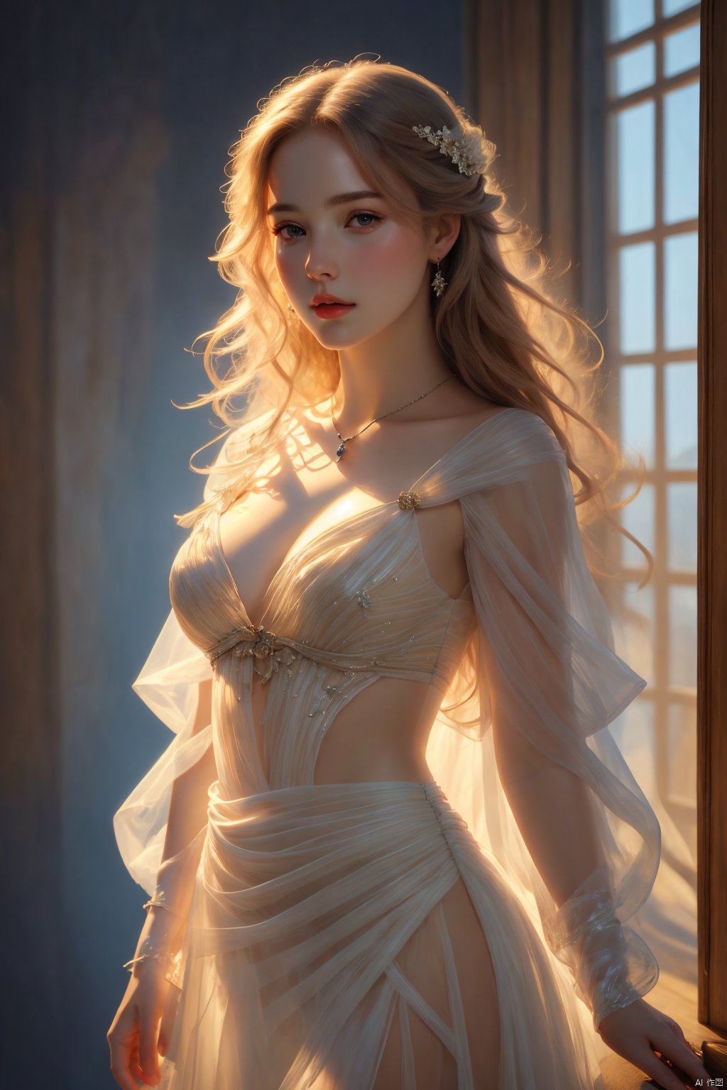  Best Quality, Masterpiece:1.4), (Realism:1.2), (Realisitc:1.2), (Absurdres:1.2), 4K,(photorealistic:1.3), Detailed, Ultra-Detailed, Digital Art,1 girl,Realistic Skin,Solo,beautiful face,Large Breasts,((Sheer Dress)),Long Wavy Hair, Cowboy Shot, ,Slim Waist, Gauze Skirt