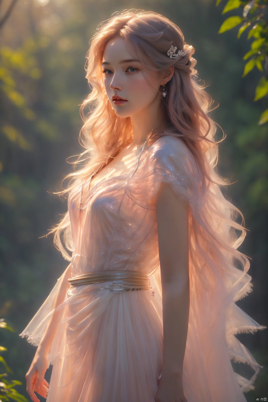  Best Quality, Masterpiece:1.4), (Realism:1.2), (Realisitc:1.2), (Absurdres:1.2), 4K,(photorealistic:1.3), Detailed, Ultra-Detailed, Digital Art,1 girl,Realistic Skin,Solo,beautiful face,Breasts,((pink Sheer Dress),Long Wavy Hair, Cowboy Shot, ,Slim Waist, Gauze Skirt