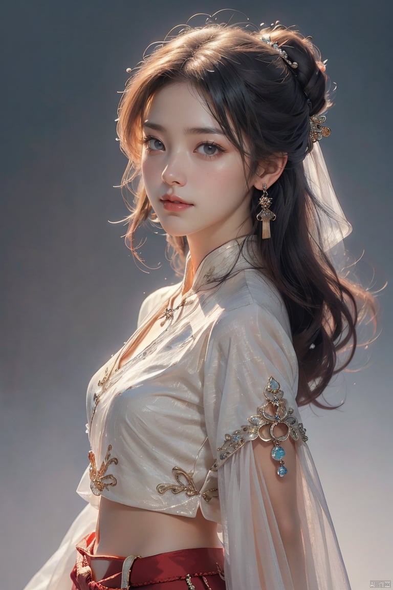  1girl, solo, long hair, looking at viewer, smile, simple background, black hair, hair ornament, white background, jewelry, closed mouth, upper body, earrings, makeup, chinese clothes, red lips, tassel earrings, hanfu, realistic, Gauze Skirt