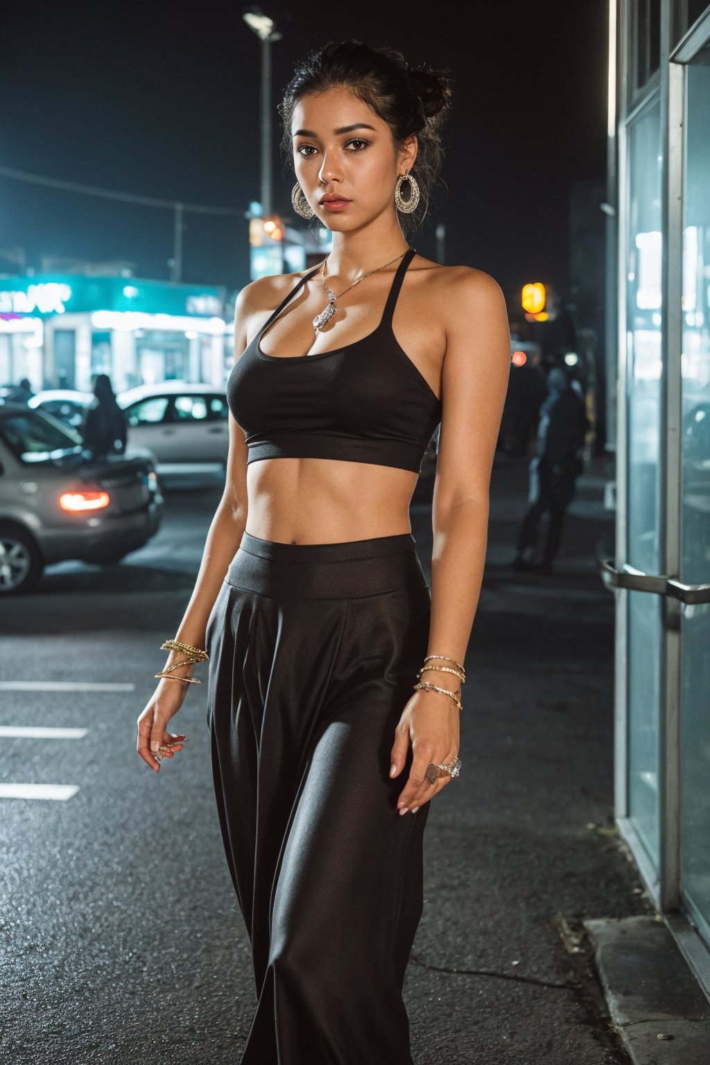 neon, cyberpunk, 1girl,  sexy pose, long hair,  breasts, looking at viewer, skirt, black hair, hair ornament, navel, bare shoulders, brown eyes, jewelry, standing, earrings, midriff, pants, dark skin, necklace, bracelet, dark-skinned female, lips, crop top, ring, walking, long skirt, realistic, nose, neon lights,Futuristic room,25 years old women,CyberpunkWorld,realism,photorealistic,navel,bioluminescent dress,Very crowded city,kerala road