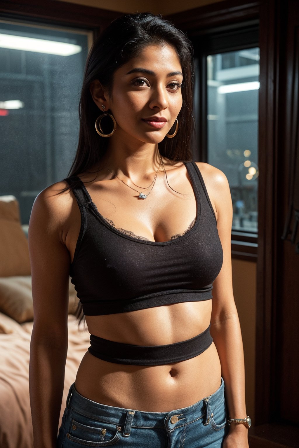 Cyberpunk style, Neon light, city background ,1girl, solo, long hair, 1girl, solo, navel, jewelery earrings, midriff, bracelet, realisticbreasts, looking at viewer, smile, large breasts, black hair, navel, cleavage, jewelry, earrings, shorts, midriff, indoors, bracelet, hand on hip, bed, tank top, realistic,80' Malayalam actress unni mary,photorealistic,80' girl,Mallu old actress,Malayalam movie actress unni mary:1.5,CyberpunkWorld