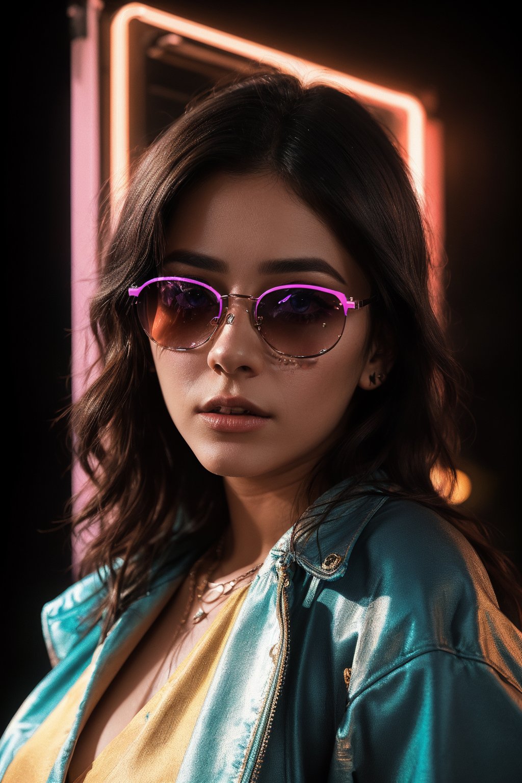 (highres,  realistic:1.2), portrait, beautiful face, gorgeous eyes, full lips, long dark hair, fashionable outfit, confident pose, stylish sunglasses, neon light, atmospheric cinematic background, vibrant colors, soft bokeh, artistic ambiance, subtle lighting, neon lighting