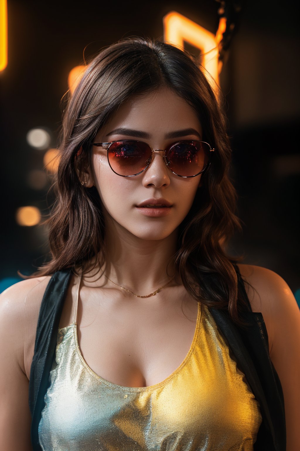 (highres,  realistic:1.2), portrait, beautiful face, gorgeous eyes, full lips, long dark hair, fashionable outfit, confident pose, stylish sunglasses, neon light, atmospheric cinematic background, vibrant colors, soft bokeh, artistic ambiance, subtle lighting, neon lighting