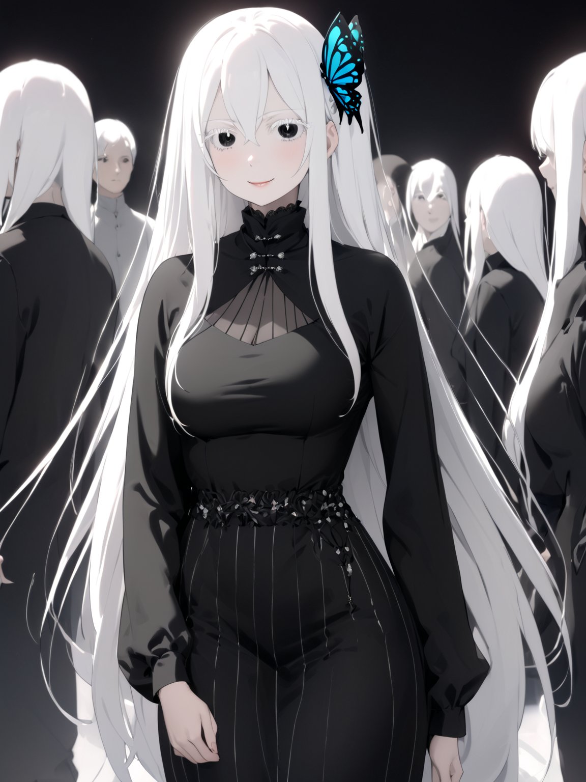 //Quality,
masterpiece, best quality, detailed
,//Character,
solo, echidna_rezero, 1girl, breasts, bangs, hair between eyes, very long hair, white hair, black eyes, colored eyelashes
,//Fashion,
long sleeves, striped, black dress, long dress, butterfly hair ornament, black capelet
,//Background,
white_background
,//Others,
standing, smile