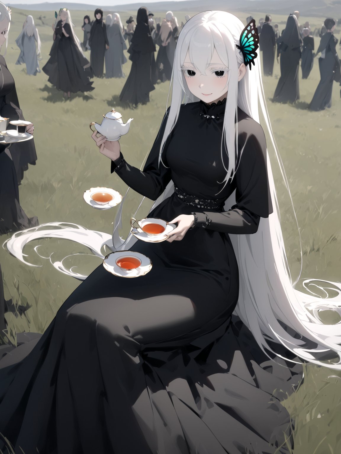 //Quality,
masterpiece, best quality, detailed
,//Character,
solo,echidna_rezero, 1girl, very long hair, white hair, black eyes, colored eyelashes
,//Fashion,
long sleeves, striped, black dress, long dress, butterfly hair ornament, black capelet
,//Background,
grassland, tea time
,//Others,
smile