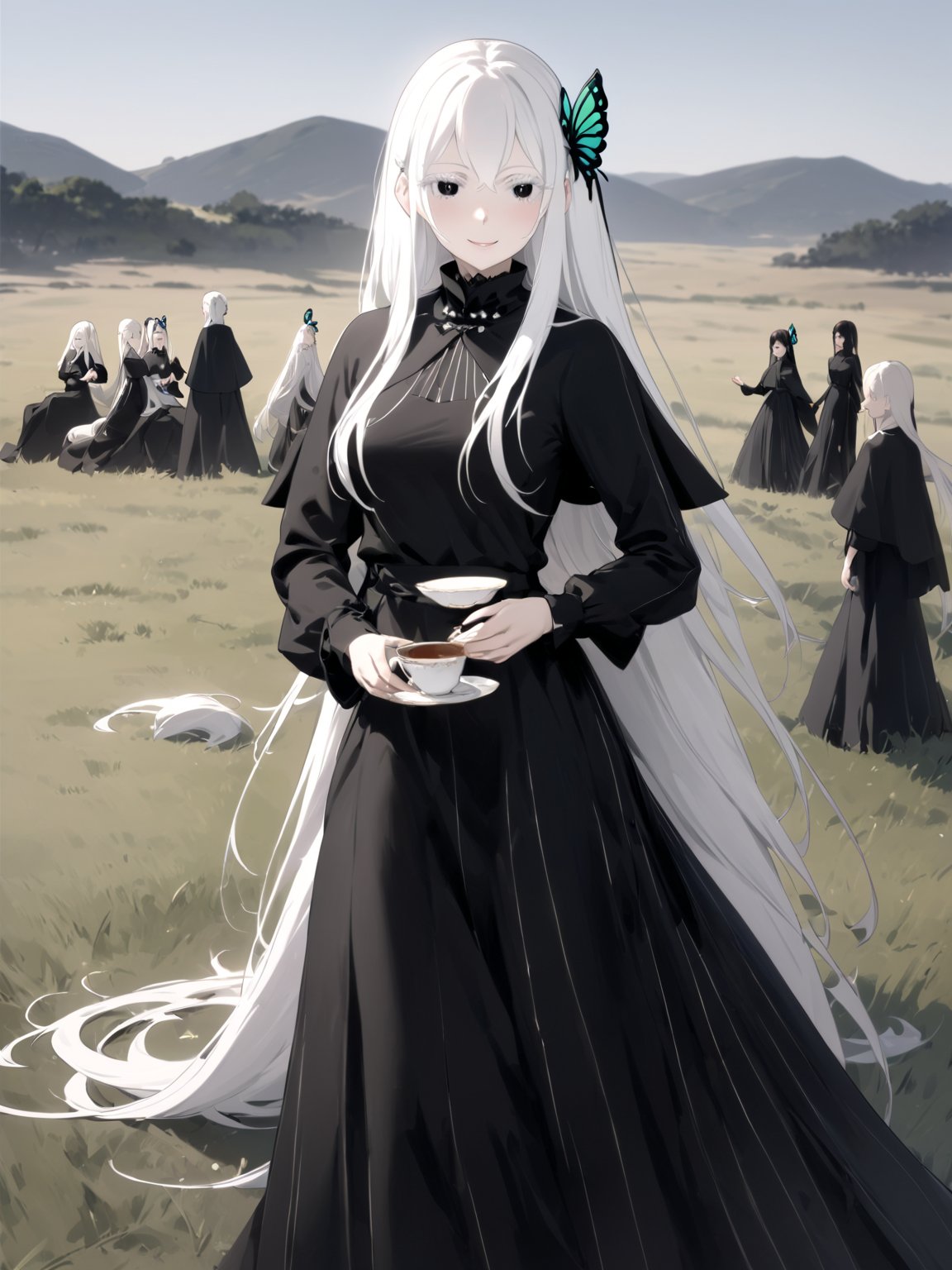 //Quality,
masterpiece, best quality, detailed
,//Character,
solo,echidna_rezero, 1girl, very long hair, white hair, black eyes, colored eyelashes
,//Fashion,
long sleeves, striped, black dress, long dress, butterfly hair ornament, black capelet
,//Background,
grassland, tea time
,//Others,
smile